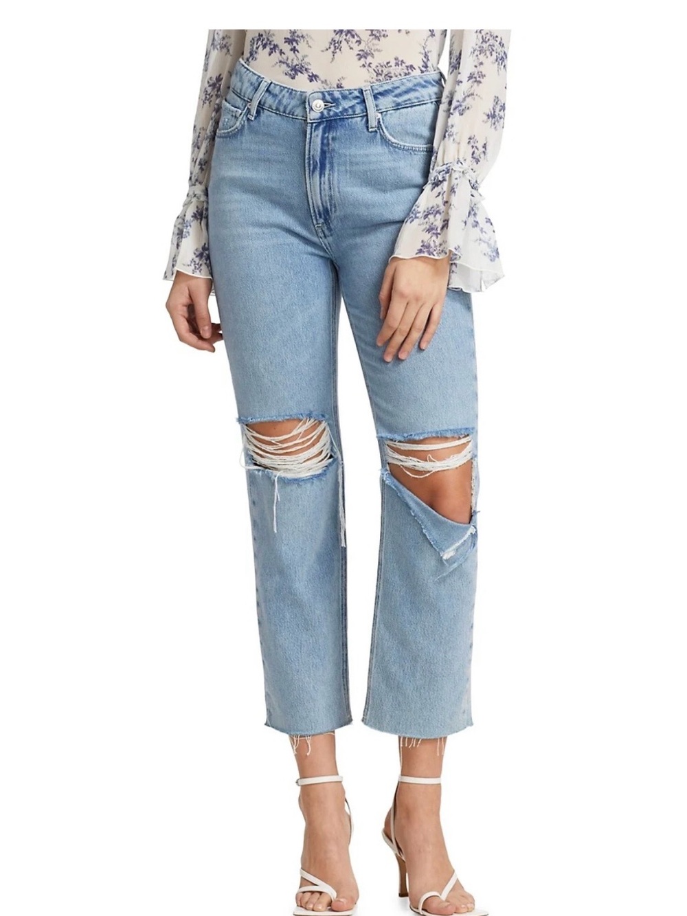 PAIGE Noella Light Blue Distressed Cropped Straight Jeans Raw Hem NWT